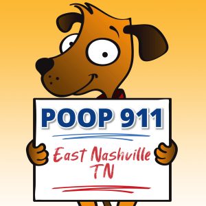 East Nashville Dog Poop Clean Up POOP 911 Yard Sign being held by a brown and happy dog.