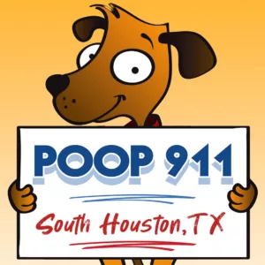 POOP 911 South Houston Dog Poop Clean Up Dog Poop Clean Up yard sign being held up by a happy brown dog.
